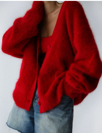 Textured V-neck button cardigan in red
