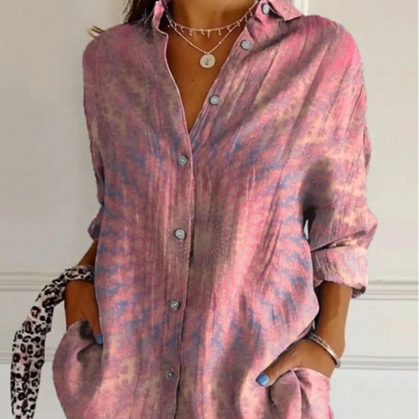 Textured button-front shirt in a tie-dye print