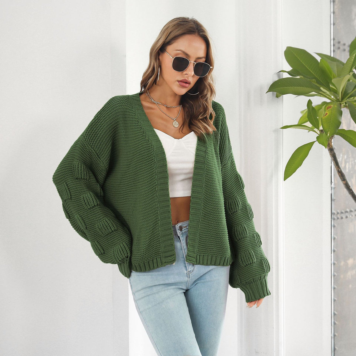 Balloon-sleeve cardigan in army green, front view