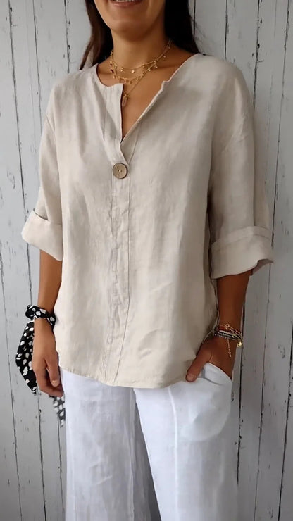 Relaxed button-neck blouse in beige, front view