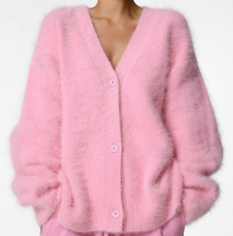 Textured V-neck button cardigan in pink