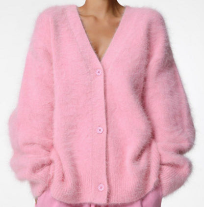 Textured V-neck button cardigan in pink