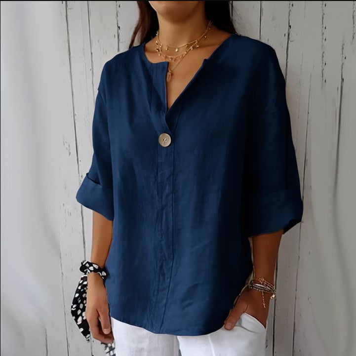 Relaxed button-neck blouse in navy blue