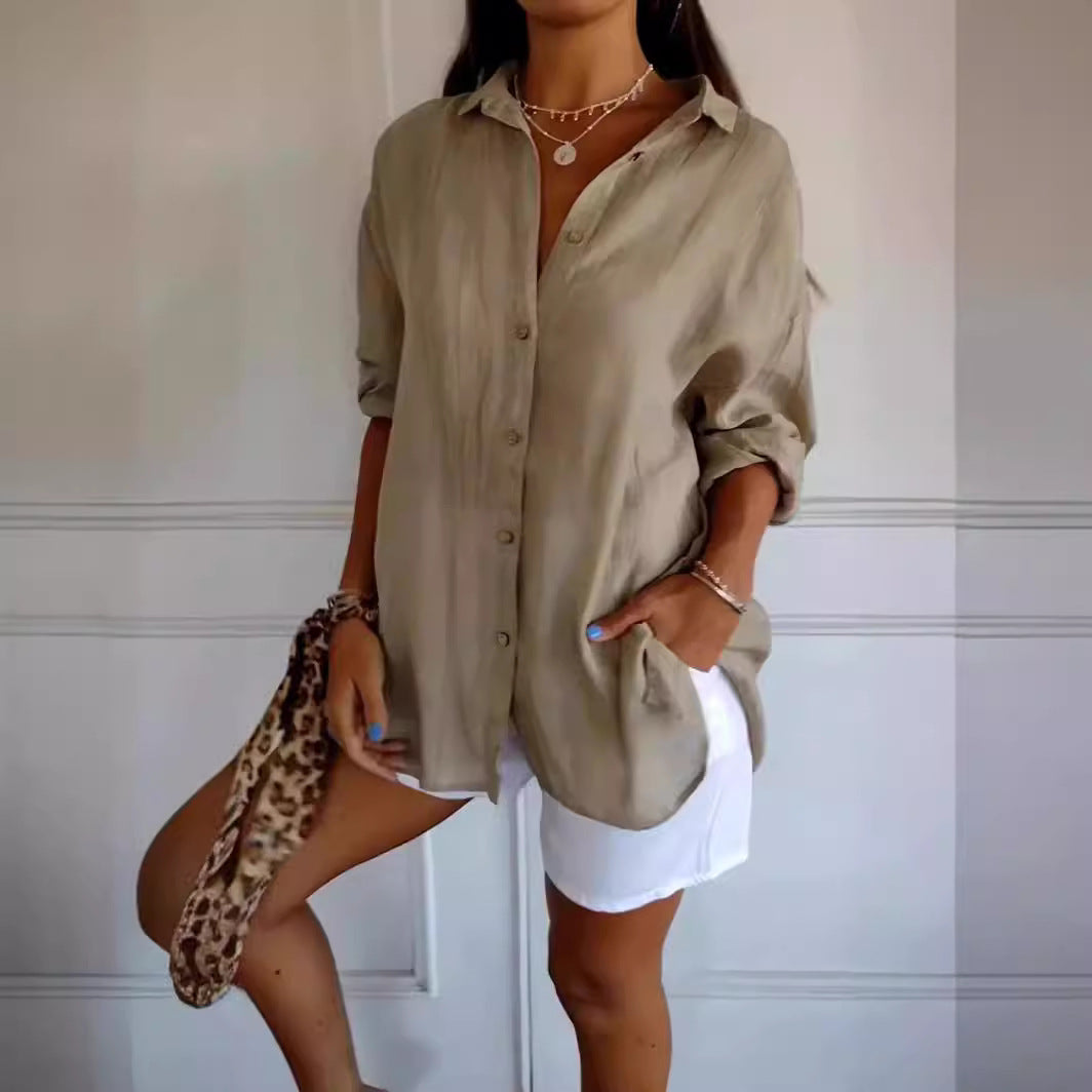Textured button-front shirt in khaki, seated