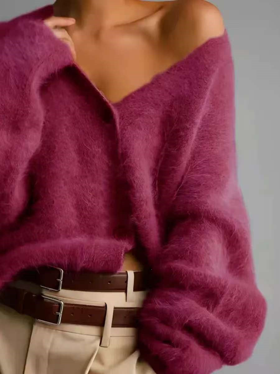 Textured V-neck button cardigan in dark violet