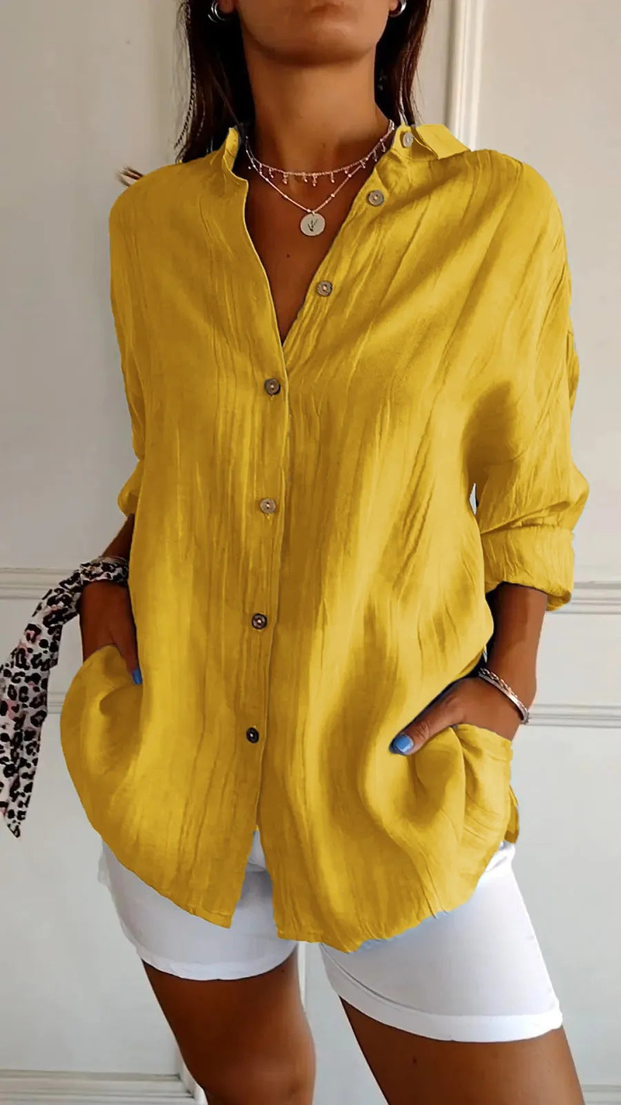 Textured button-front shirt in yellow