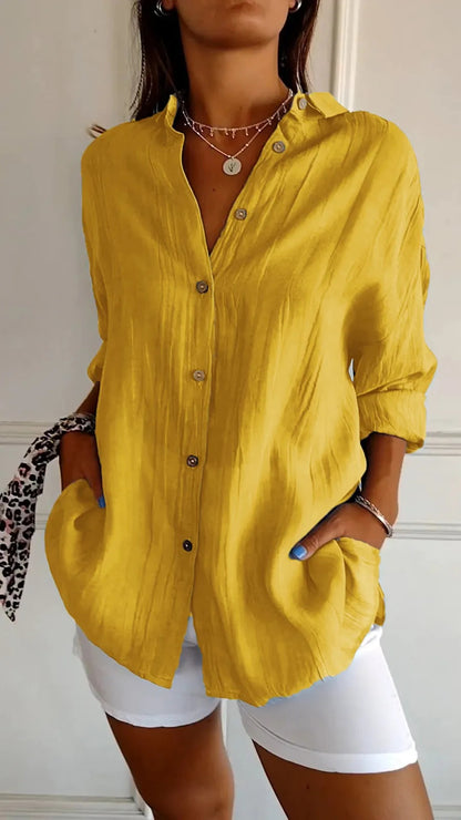 Textured button-front shirt in yellow