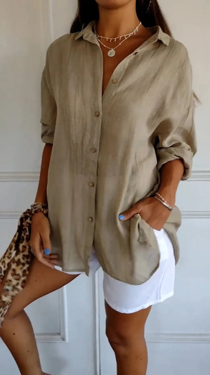 Textured button-front shirt in khaki
