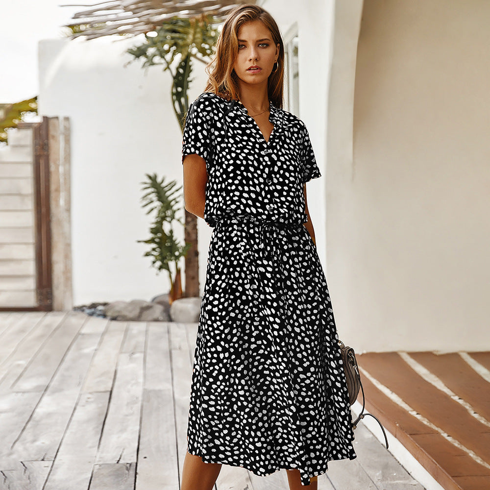 Small-dot collared midi dress in black