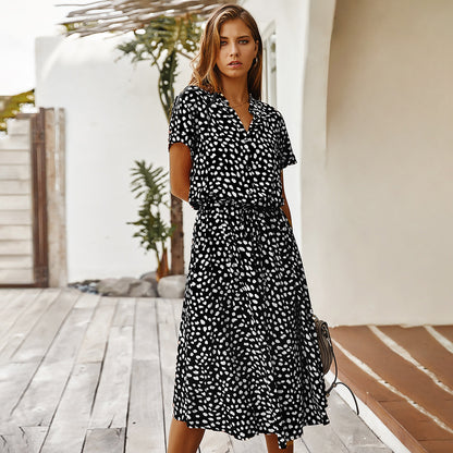 Small-dot collared midi dress in black