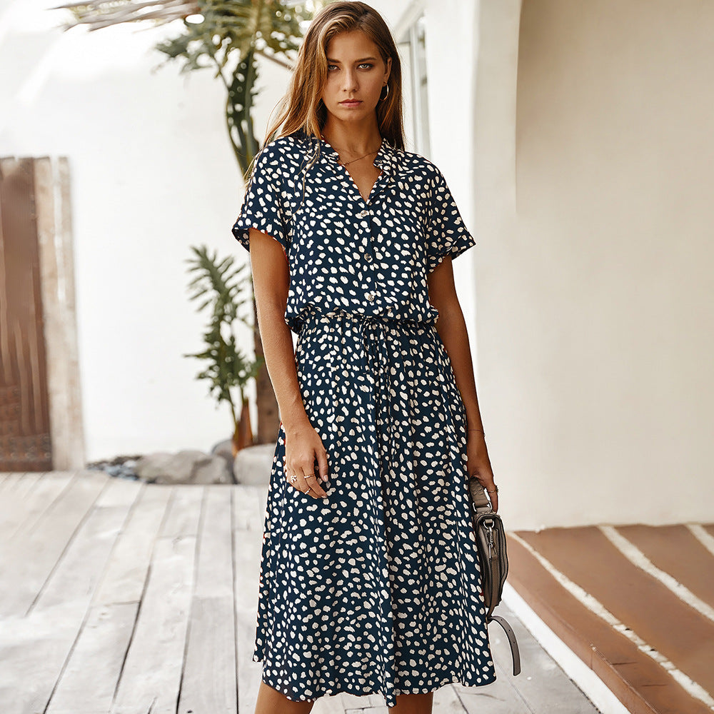 Small-dot collared midi dress in navy blue