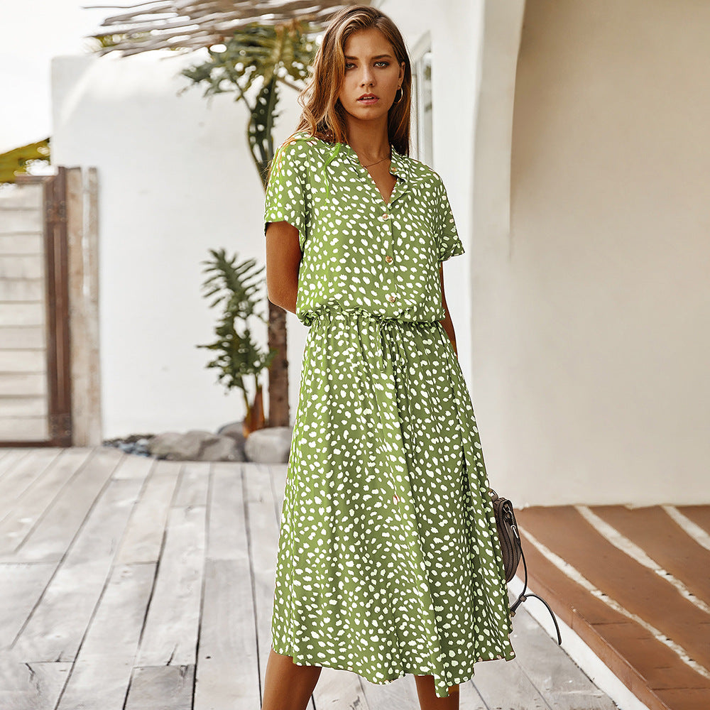 Small-dot collared midi dress in green