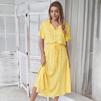 Small-dot collared midi dress in yellow