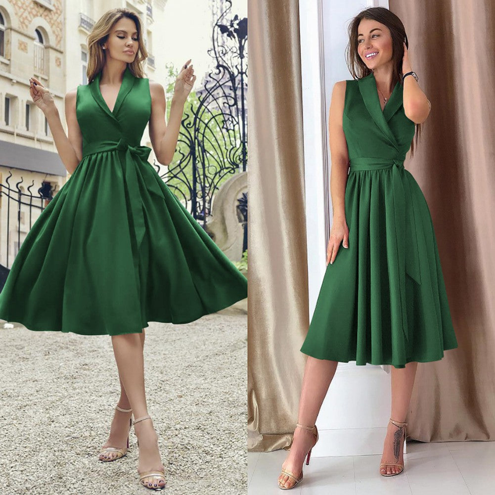 Sleeveless belted midi dress in green on two models