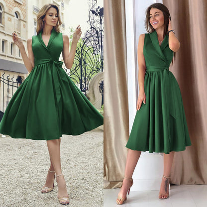 Sleeveless belted midi dress in green on two models