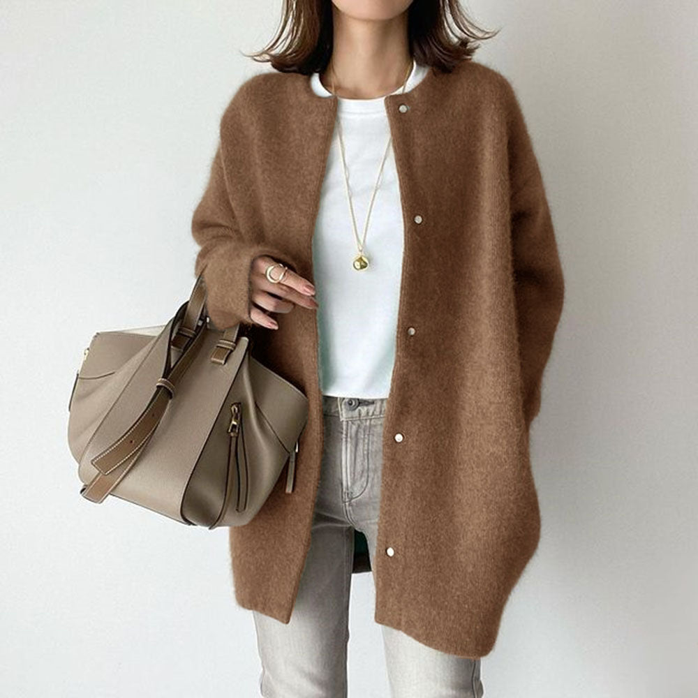 Round-neck button cardigan in caramel