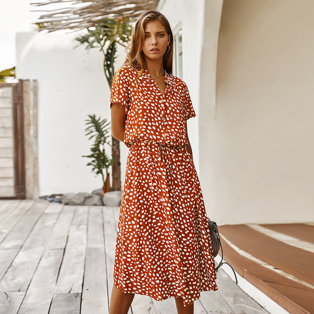 Small-dot collared midi dress in orange