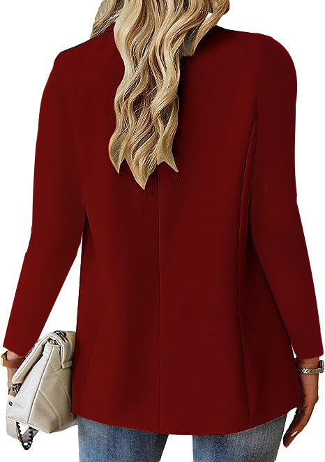 Back view of the tailored blazer in wine red