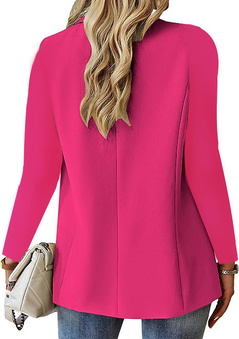 Back view of the tailored blazer in rose red