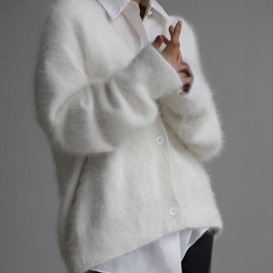 Textured V-neck cardigan in white, front view