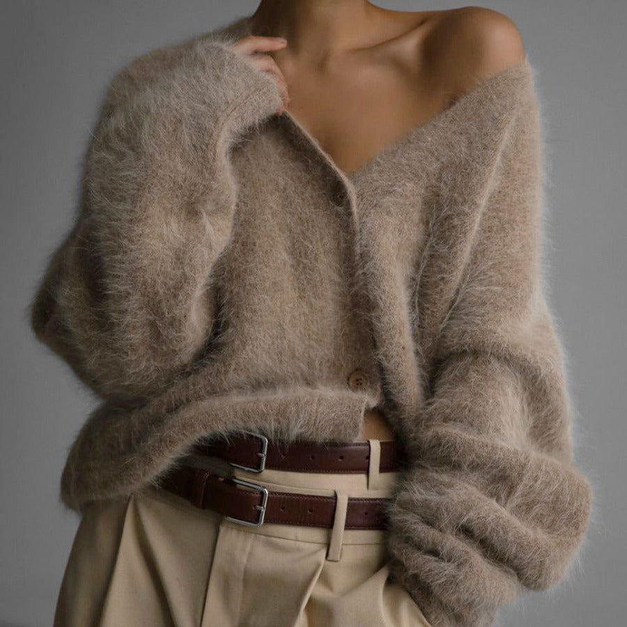 Textured V-neck cardigan in taupe, front view