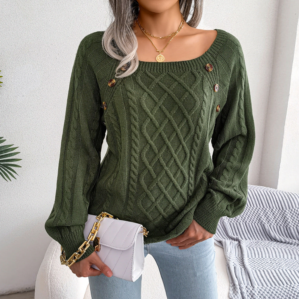 Button-detail cable-knit sweater in green