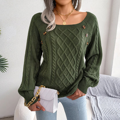 Button-detail cable-knit sweater in green