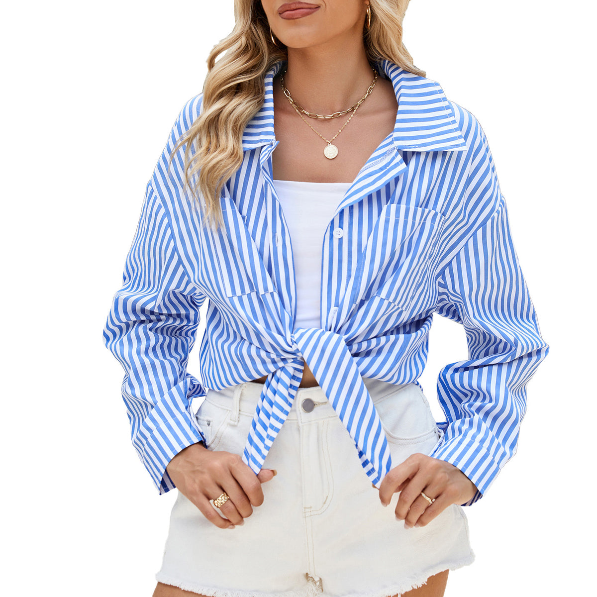 Striped shirt in blue and white stripes, front view