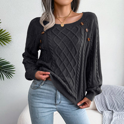 Button-detail cable-knit sweater in black