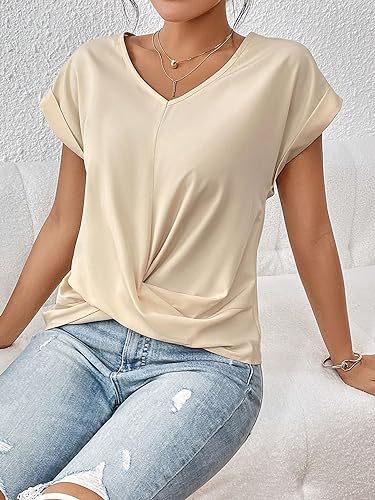 Knot-front V-neck top in apricot, front view