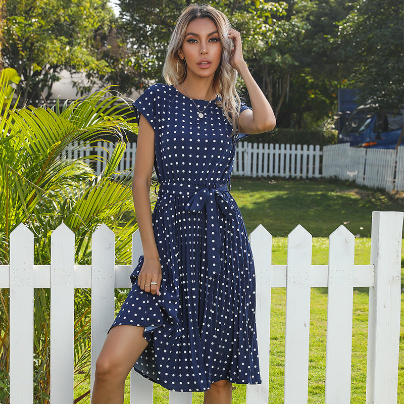 Polka-dot pleated midi dress in blue