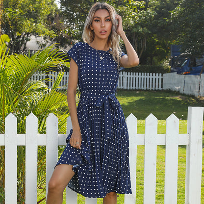 Polka-dot pleated midi dress in blue