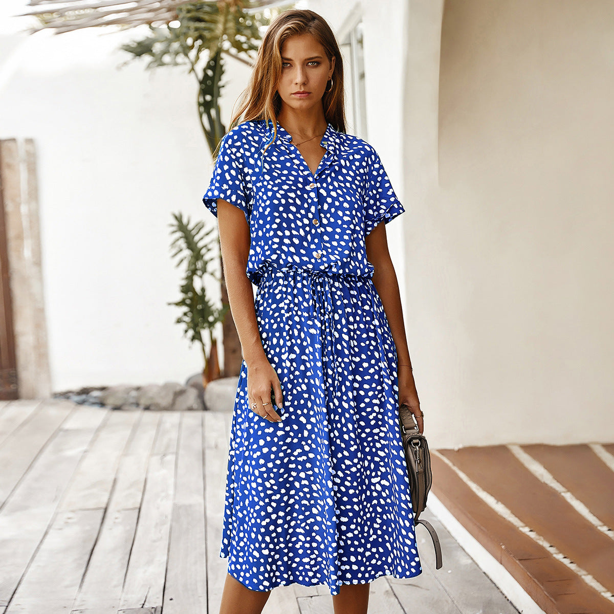 Small-dot collared midi dress in blue