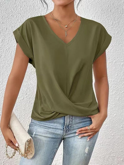 Knot-front V-neck top in olive green