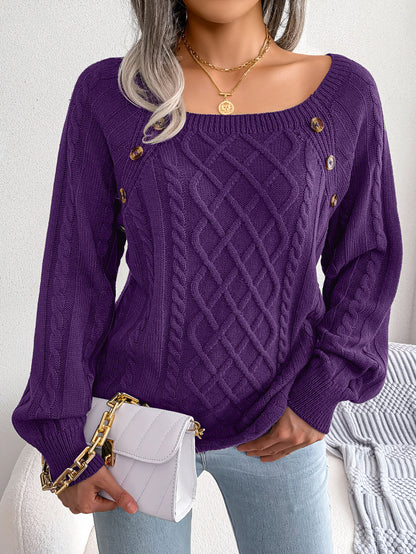 Button-detail cable-knit sweater in purple