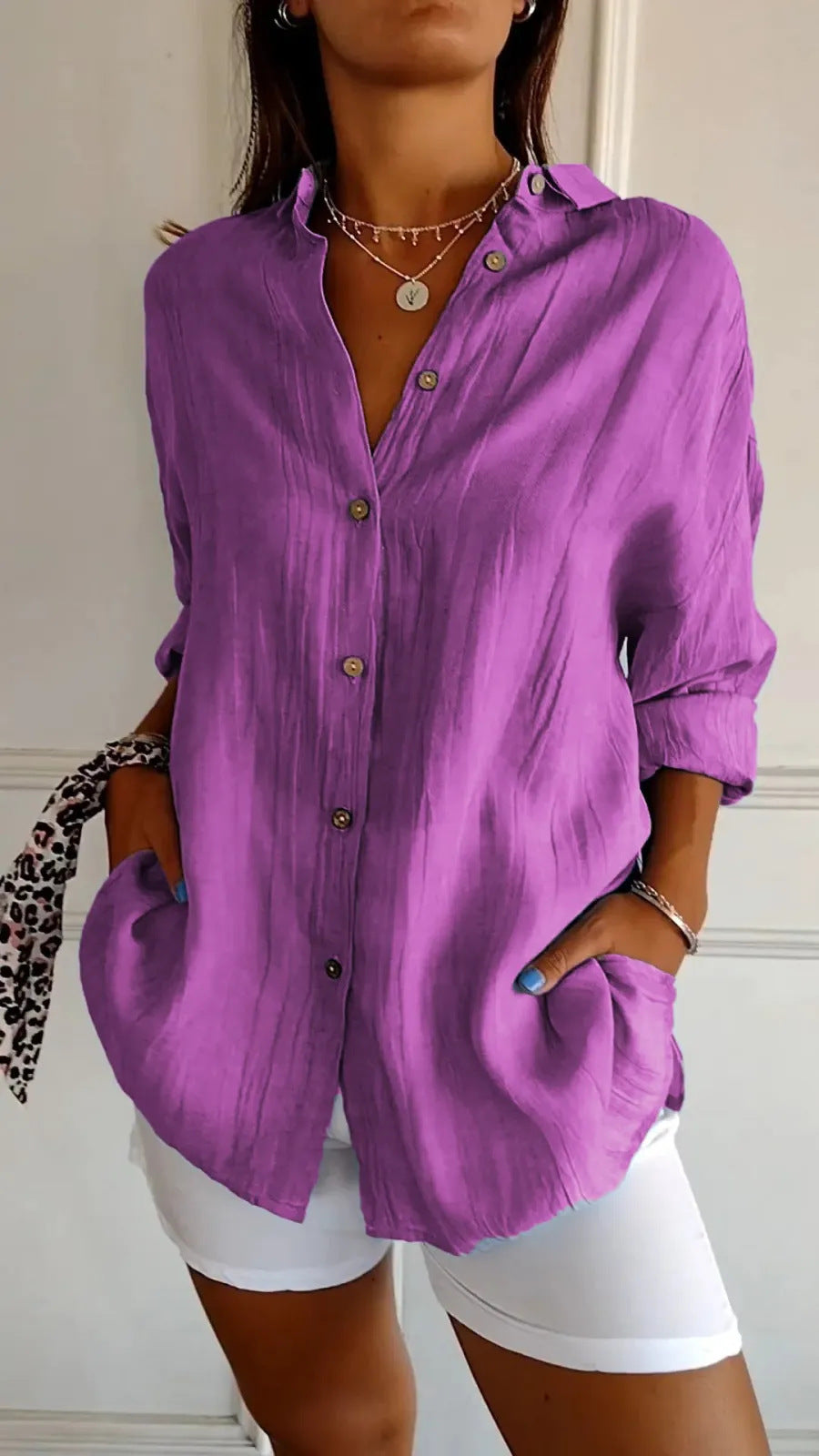 Textured button-front shirt in purple