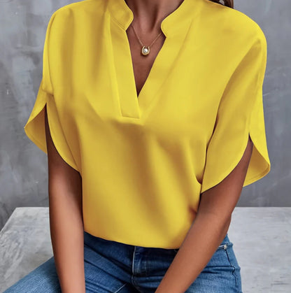 Short-sleeve split-neck blouse in yellow