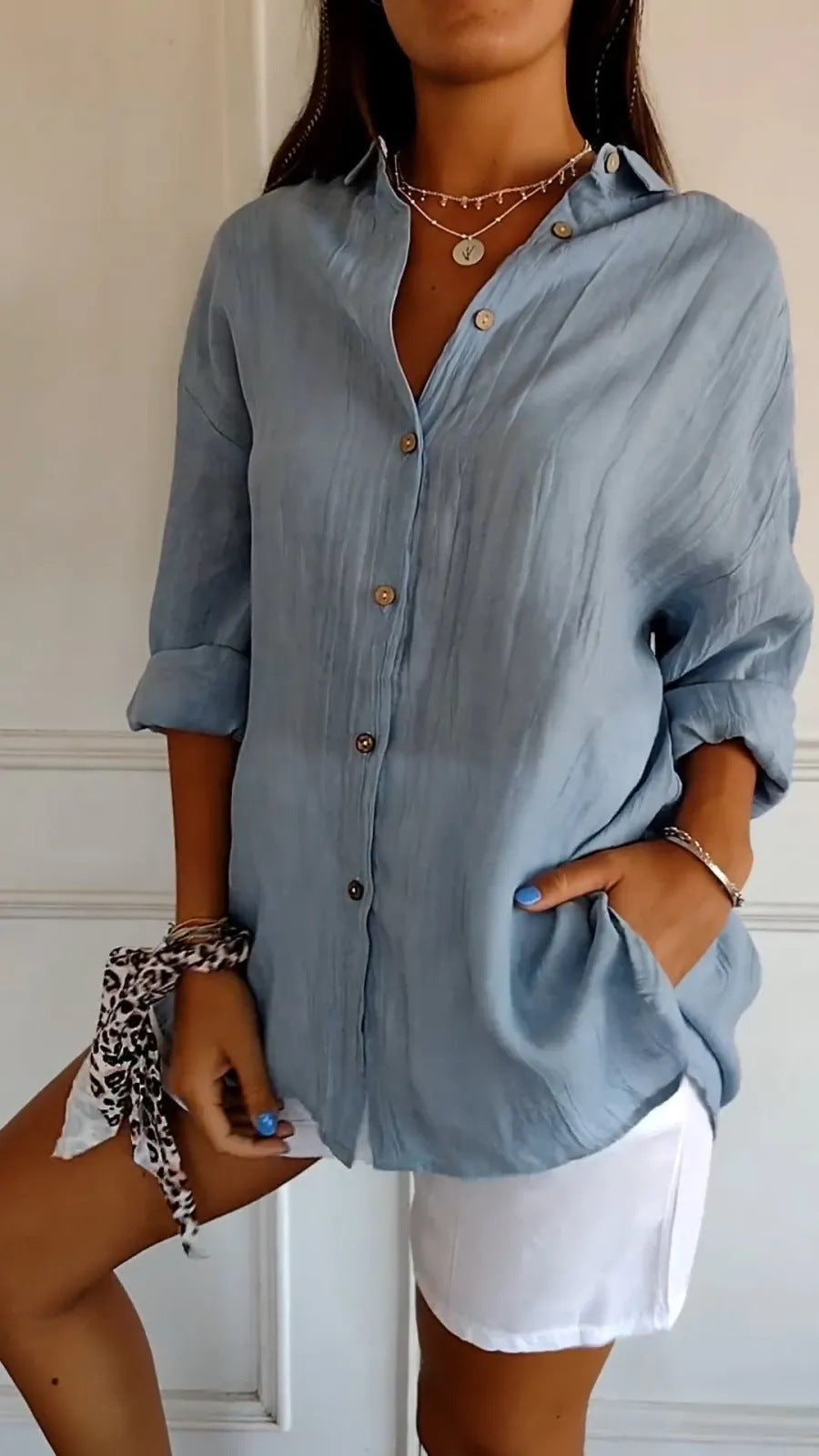 Textured button-front shirt in sea blue