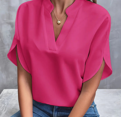 Short-sleeve split-neck blouse in rose red