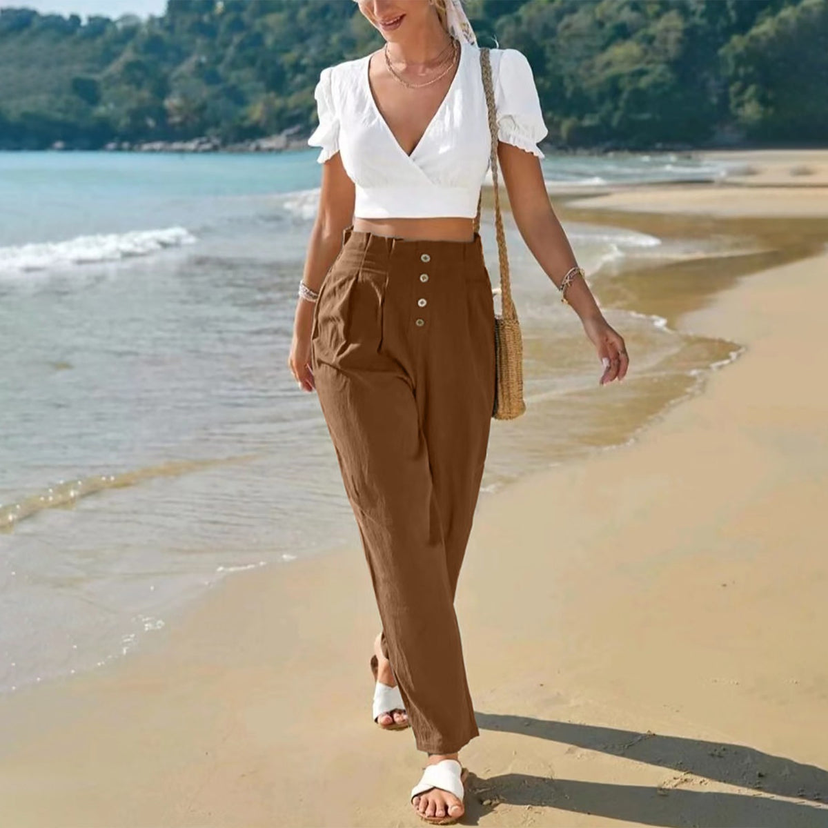 Button-front tapered trousers in brown