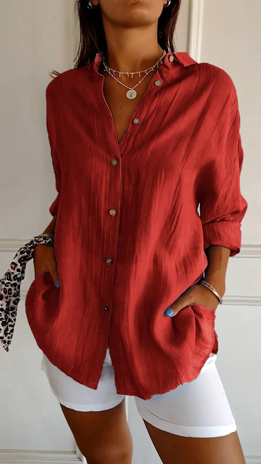 Textured button-front shirt in red