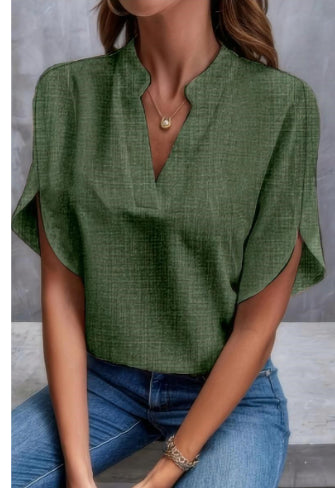 Short-sleeve split-neck blouse in army green