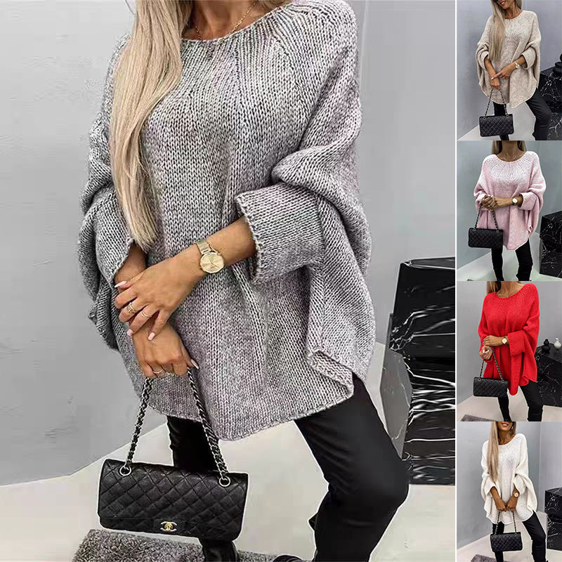Batwing poncho-style sweater in gray with a colour strip