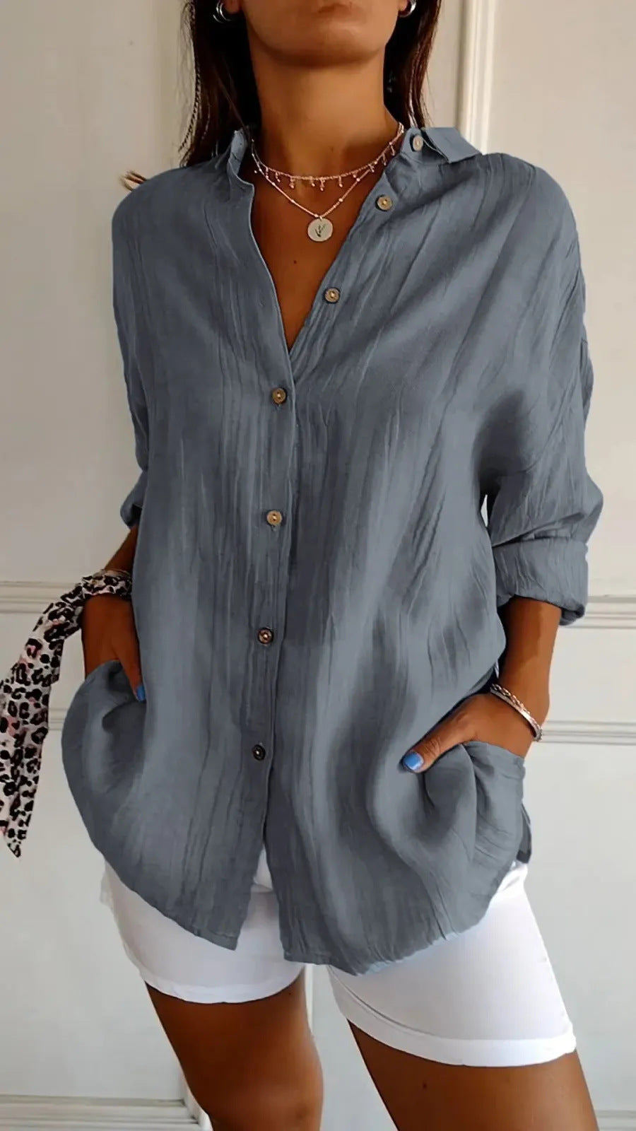 Textured button-front shirt in gray