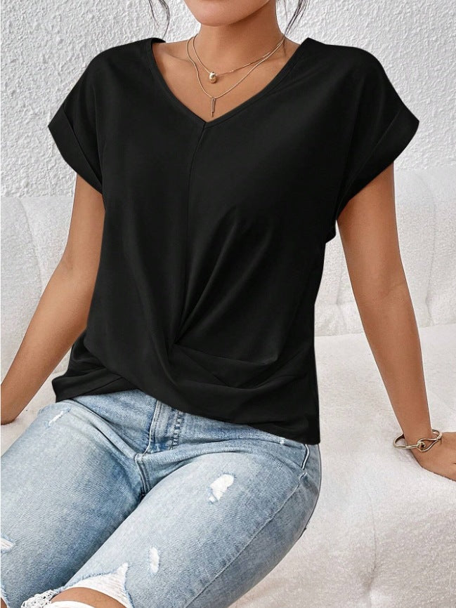 Knot-front V-neck top in black