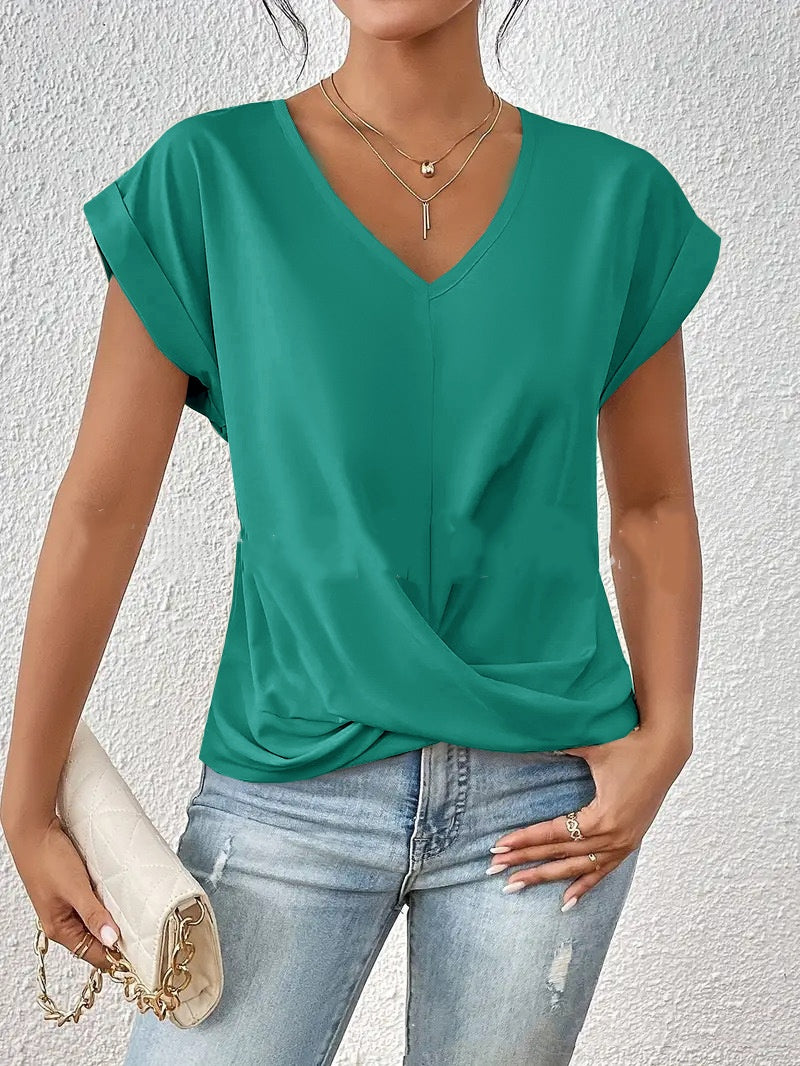 Knot-front V-neck top in peacock blue