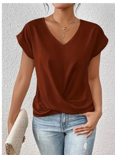 Knot-front V-neck top in brown red
