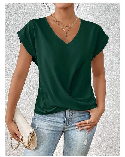 Knot-front V-neck top in army green