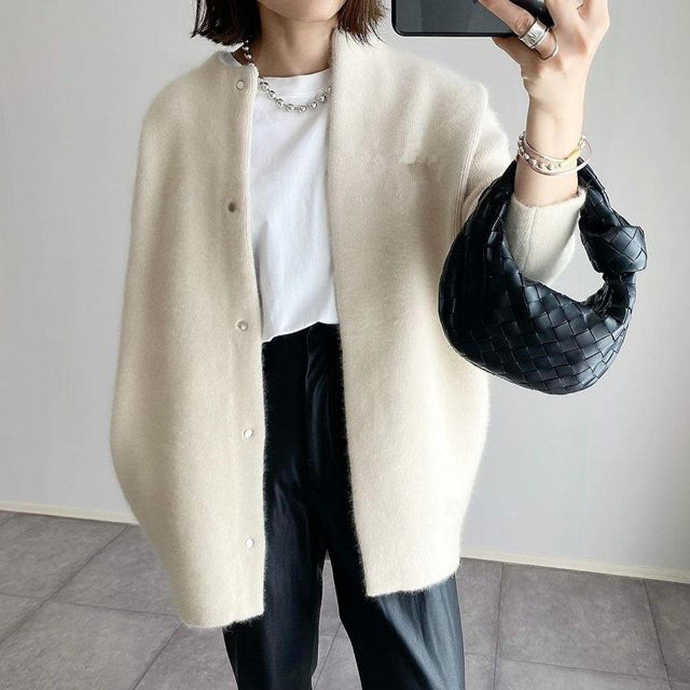 Round-neck button cardigan in beige, front view