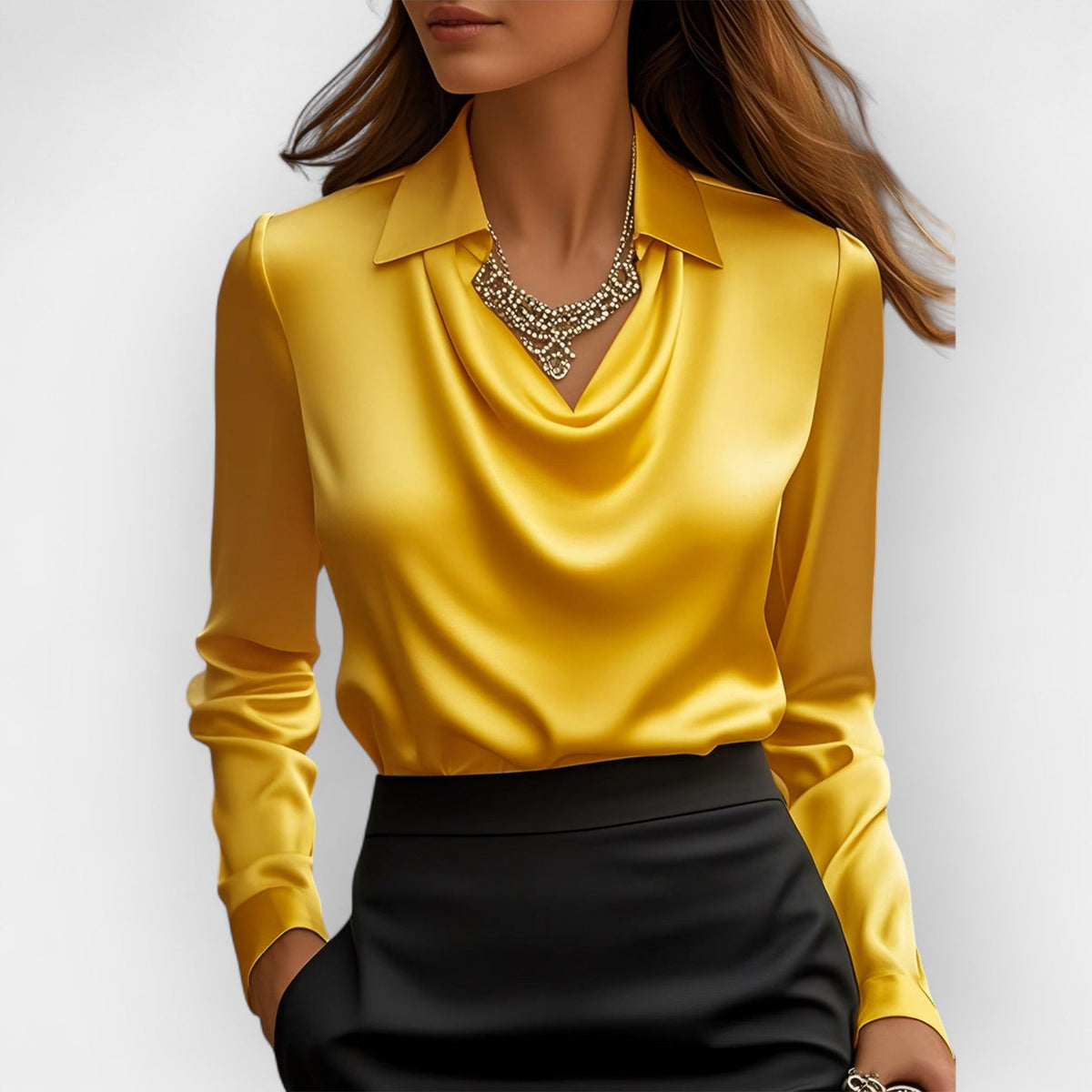 Draped satin-effect blouse in yellow